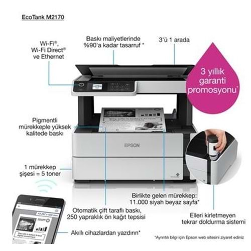 Epson EcoTank M2170 Wi-Fi + Tarayıcı + Fotokopi Mono Çok Fonksiyonlu Tanklı Mürekkep Püskürtmeli Yazıcı